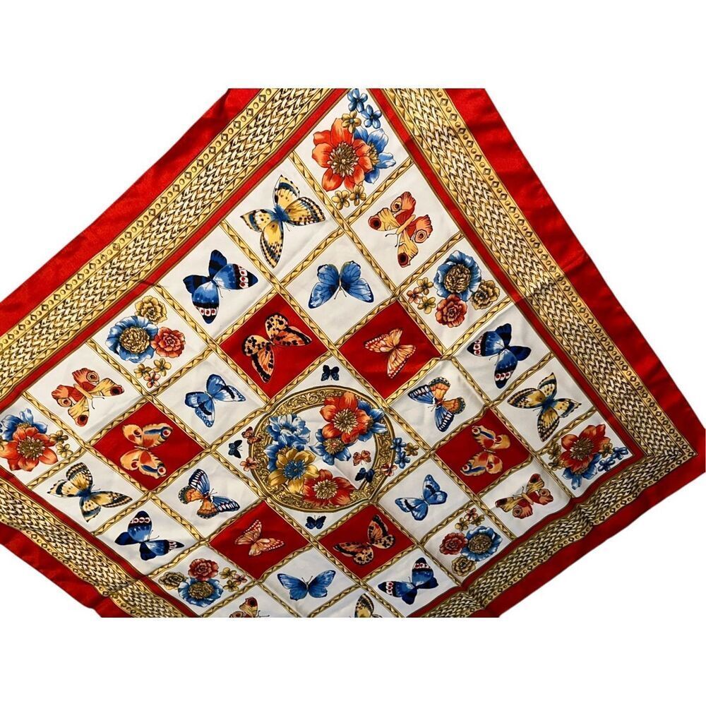 Gorgeous large Vintage Italian butterfly Print Silky Scarf Neutral multicolor S - Picture 2 of 5
